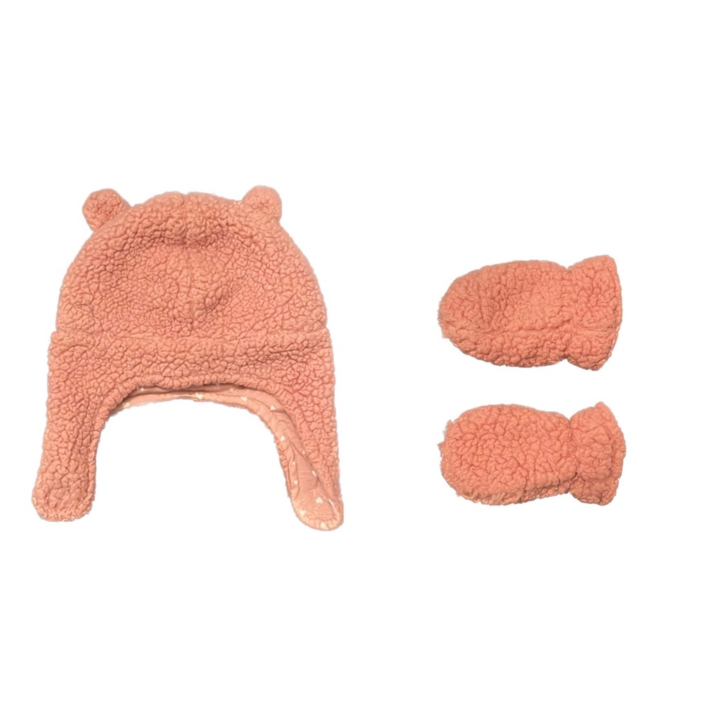 Carters Baby Girl Pink Fuzzy Sherpa Fleece & Jersey Lined Hat & Mit Set Sz 0-9mo